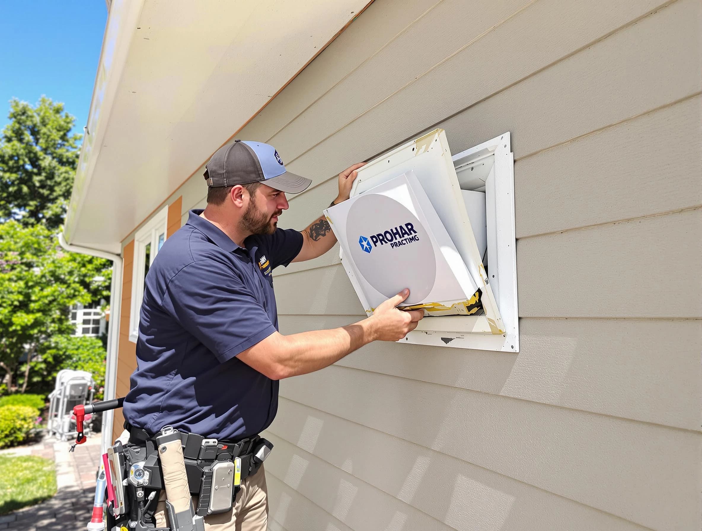 Conley Dryer Vent Cleaning technician installing a new protective dryer vent cover on a home in Conley