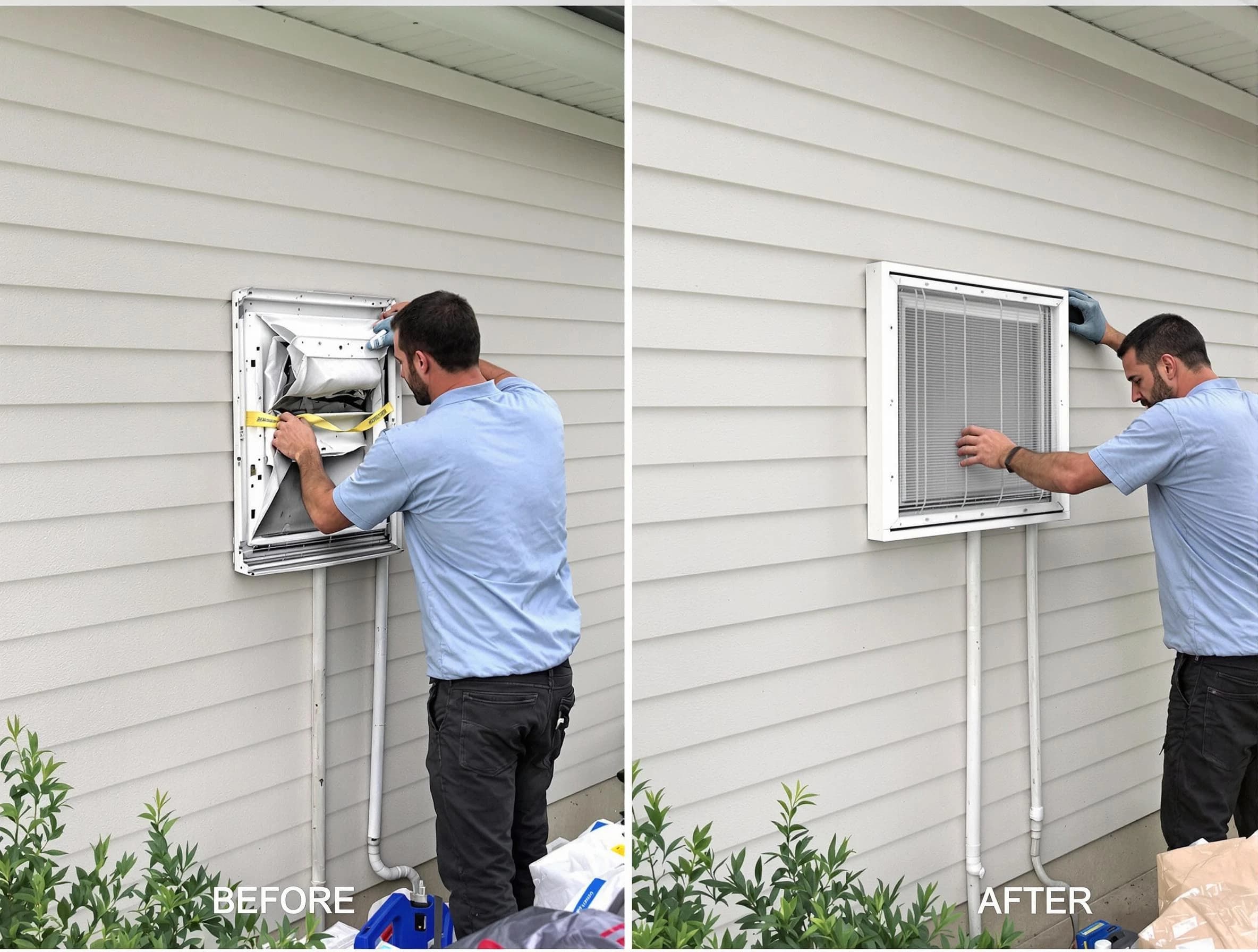 Conley Dryer Vent Cleaning technician installing high-quality dryer vent cover at a residential property in Conley