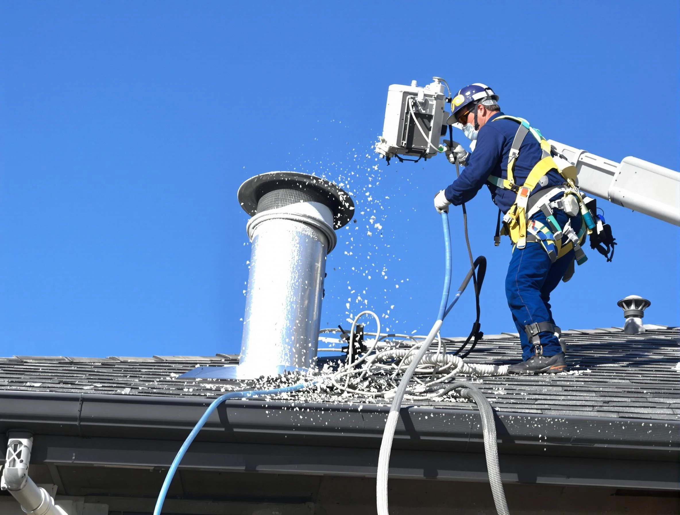 Conley Dryer Vent Cleaning certified technician safely cleaning a roof-mounted dryer vent in Conley
